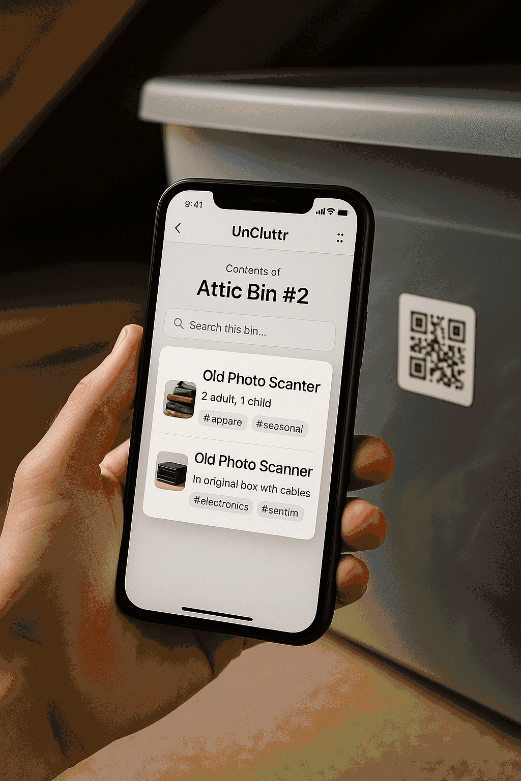 Animated demo of the UnCluttr app showing how to scan a QR code, add items with AI, and search for belongings.